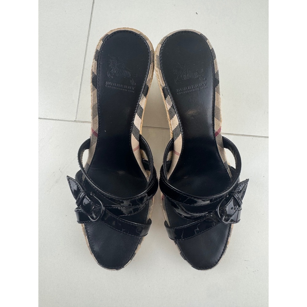 Burberry‎ Haymarket Check Espadrille Wedge Sandals Black Patent Leather 38 7.5 8